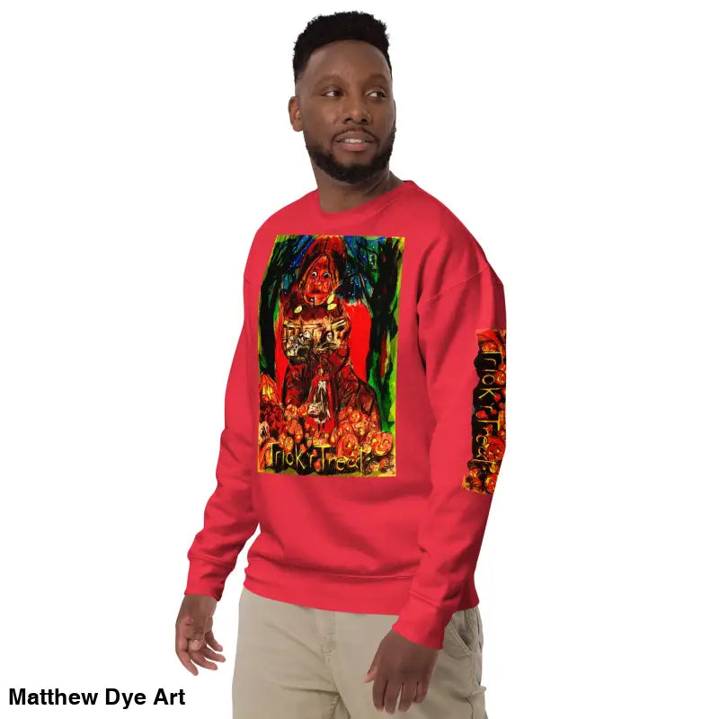 Red Trick ’r Treat unisex premium sweatshirt, a cozy soft fleece for Halloween celebrations