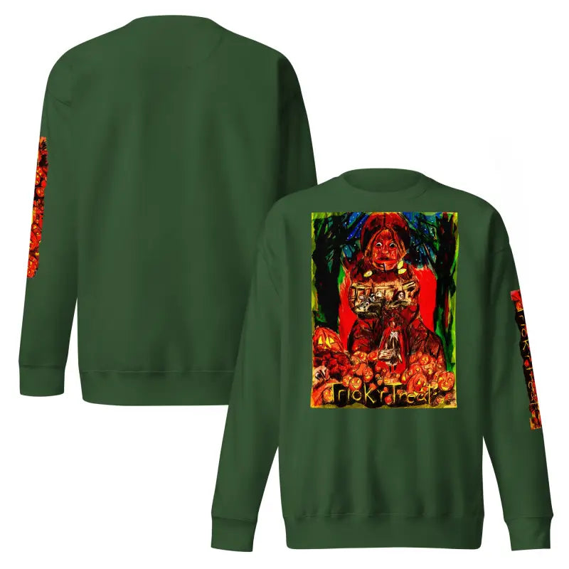 Green unisex premium sweatshirt featuring a Halloween-themed graphic for Trick ’r Treat