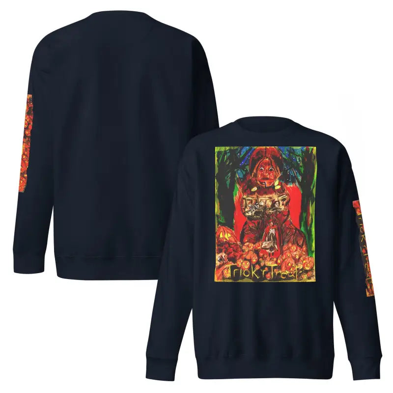 Navy blue unisex premium sweatshirt featuring colorful Trick ’r Treat graphic design