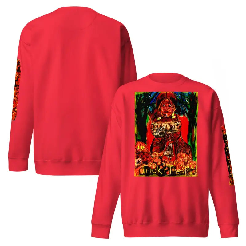 Red Trick ’r Treat unisex premium sweatshirt, perfect for Halloween celebrations
