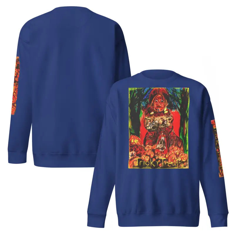 Blue sweatshirt featuring Halloween graphic from Trick r Treat, a soft unisex fleece sweatshirt