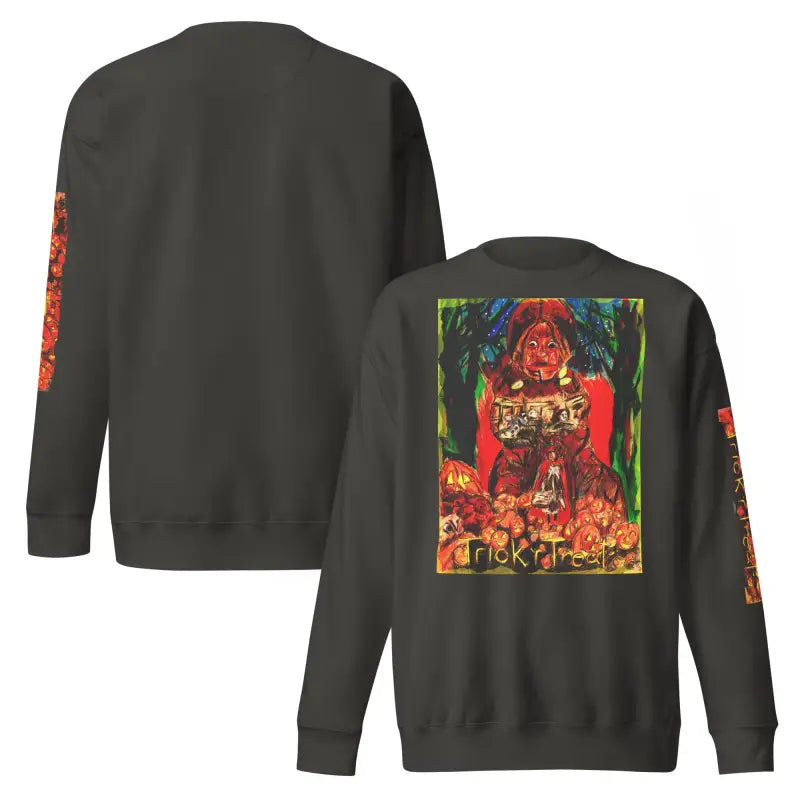 Gray unisex premium sweatshirt featuring a Halloween-themed graphic for Trick r Treat