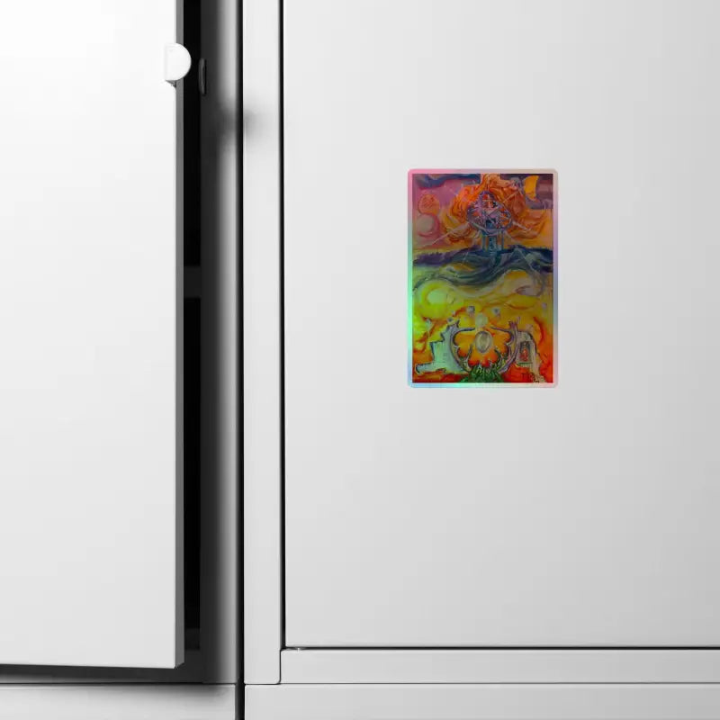 Colorful Waves of Saturn Holographic Stickers showcased on a refrigerator for a stunning 3D effect