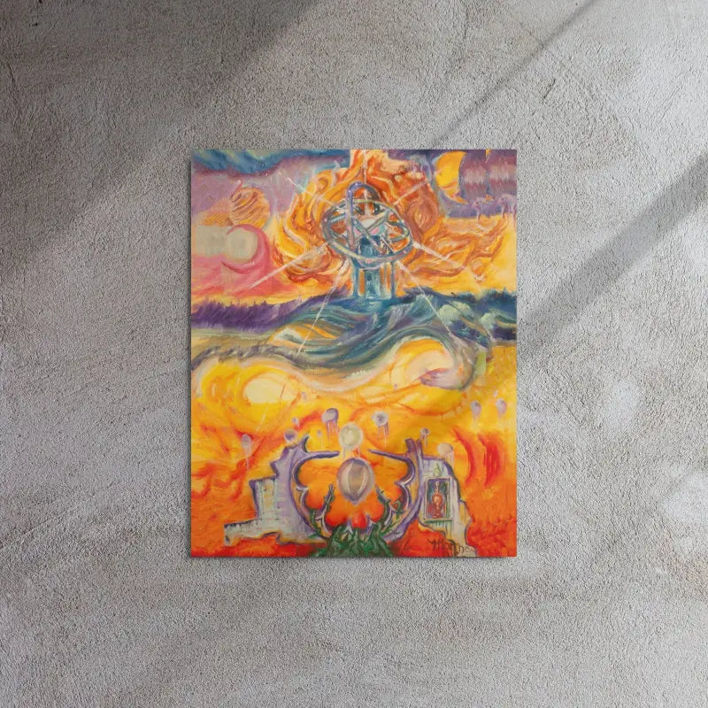 Vibrant abstract painting of ethereal flames in stunning metal print, a magnificent portal