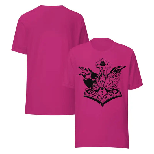 Unisex Odins legacy t-shirt with magenta raven and black Mjolnir Norse design