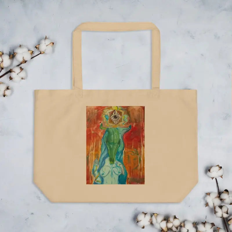 Beige Priestess Organic Cotton Tote Bag featuring colorful abstract artwork in green and orange