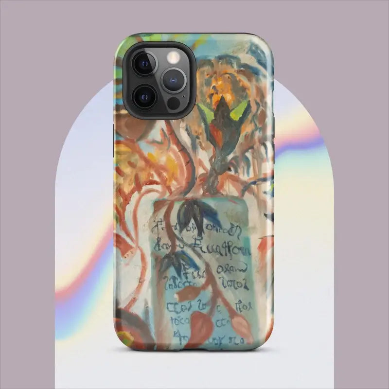 Abstract artistic iPhone case with swirling colors, featuring Voynich Oil Painting design