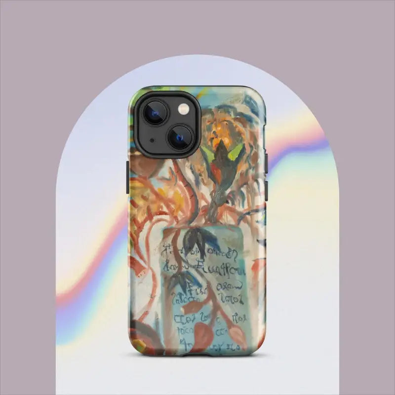 Artistic abstract iPhone case featuring swirling orange and blue patterns with polycarbonate outer shell