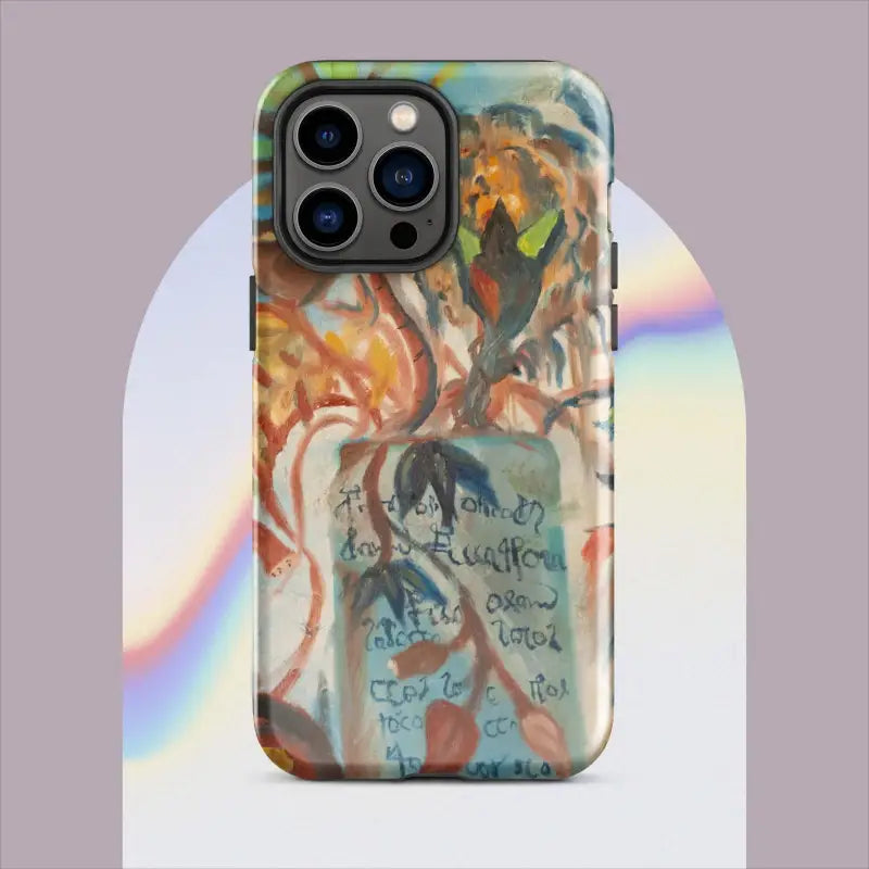 Artistic abstract iPhone case featuring swirling colors and text, polycarbonate outer shell