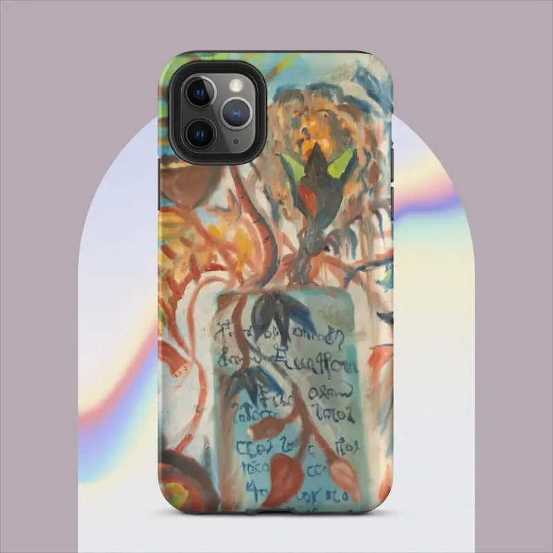 IPhone case featuring abstract colors and text, inspired by Voynich Oil Painting, Pro Max iPhone