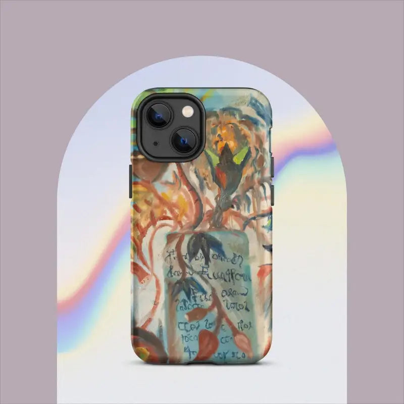 IPhone case with abstract swirling patterns in orange, blue, and brown; Polycarbonate outer shell
