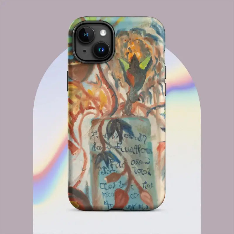 Abstract artistic iPhone case with swirling colors and text, featuring Voynich Oil Painting design