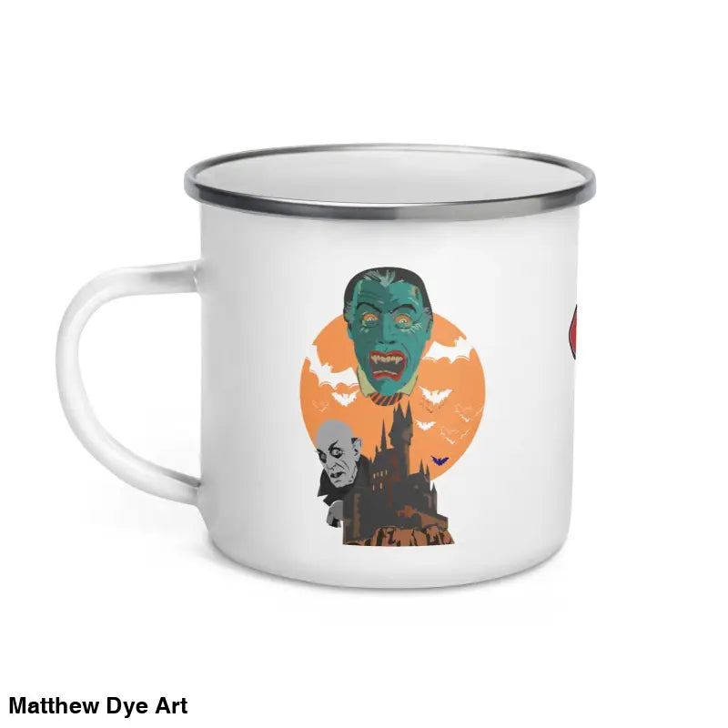 White enamel camping mug with Halloween monster design in Whimsical Nights collection