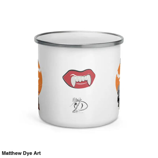 White vampire enamel mug featuring fangs and whimsical designs for happy campers