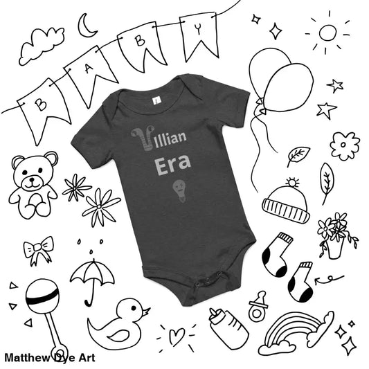 Dark-colored baby onesie with Villain Era design, fits baby weight 8-12 lbs