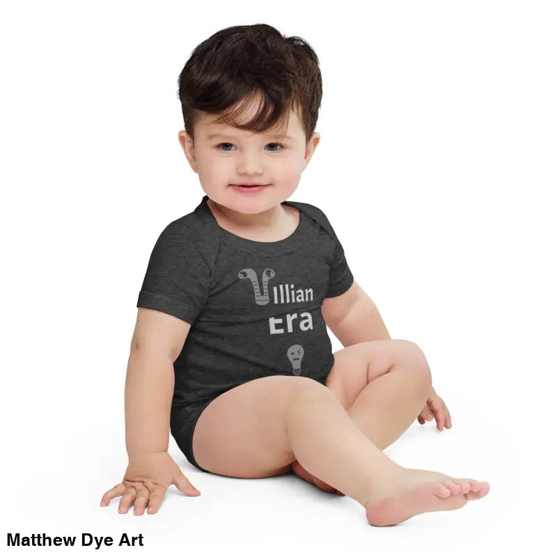 Dark gray ’Villain Era’ Baby Onesie fits baby weight, months chest width, and inches body length