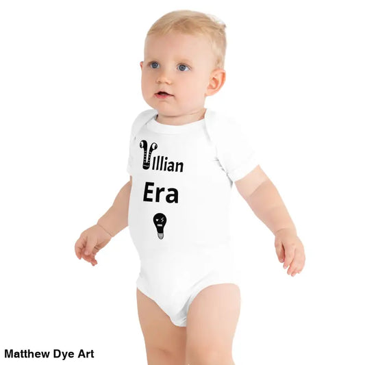 Baby’s white onesie made of ring-spun cotton from Villain Era, perfect for first steps