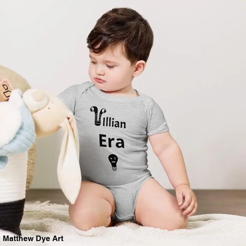 Gray baby onesie made of ring-spun cotton for Villain Era’s World Domination line