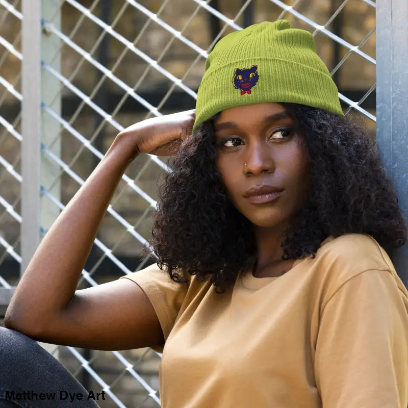 Vintage Black Cat Beanie, an organic knit hat featuring a whimsical cat design