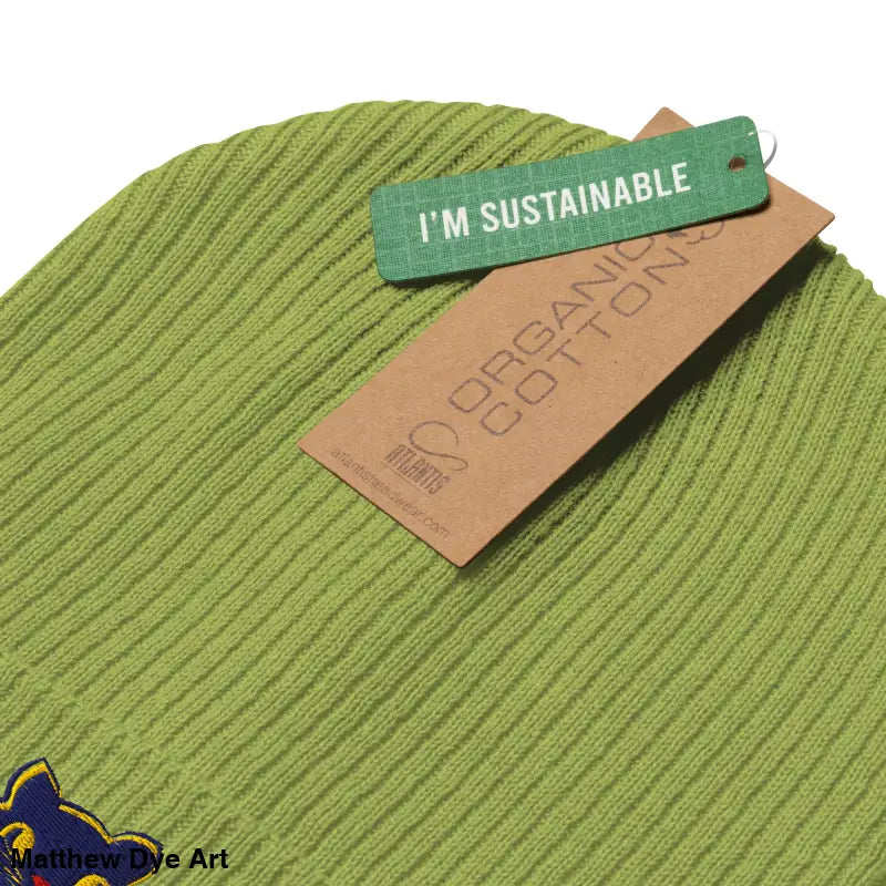 Green knit beanie with tags, featuring a vintage Halloween cat design, organic beanie