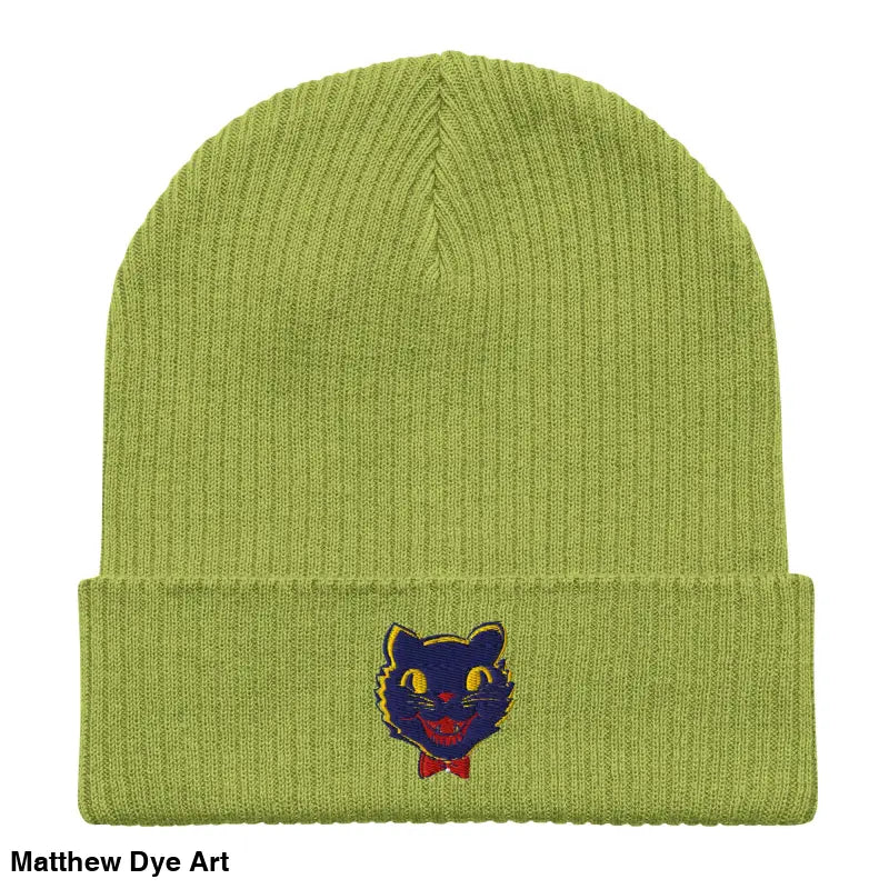 Green knit beanie featuring a vintage Halloween cat design for unisex wear