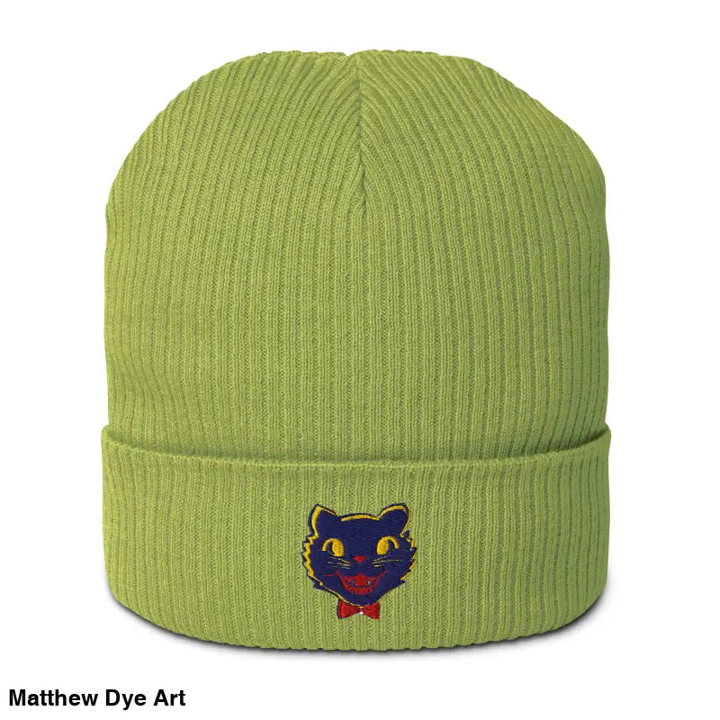 Green organic knit beanie featuring vintage Halloween cat design for unisex style
