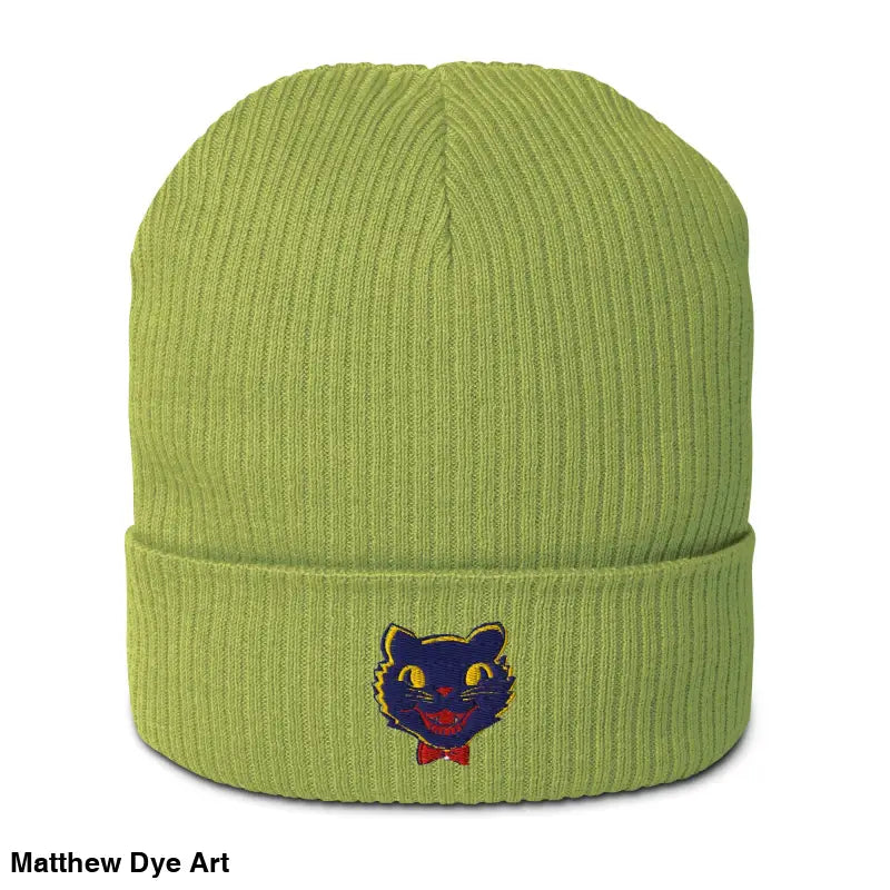 Green organic knit beanie featuring vintage Halloween cat design for unisex style