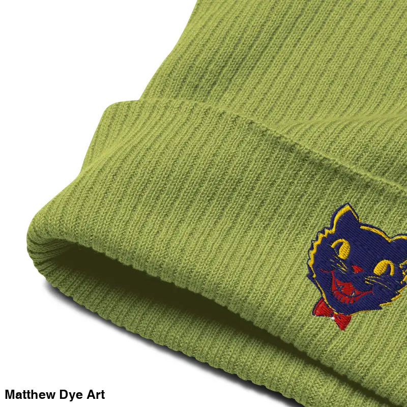 Green knit beanie featuring vintage Halloween cat embroidery for unisex style