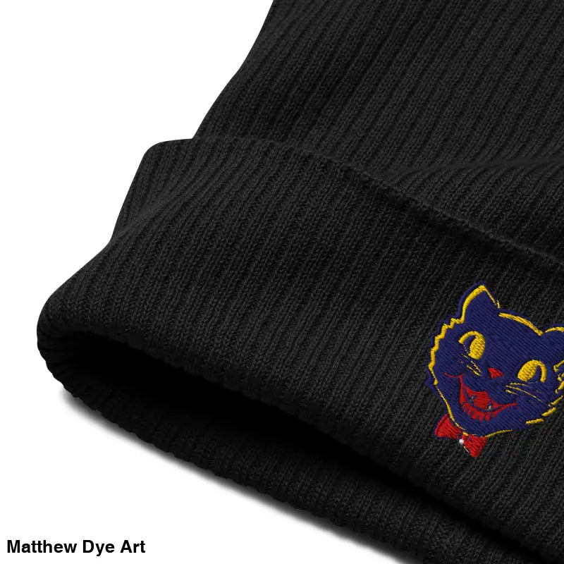 Vintage Black Cat Beanie featuring a black knit design with organic materials and cat embroidery