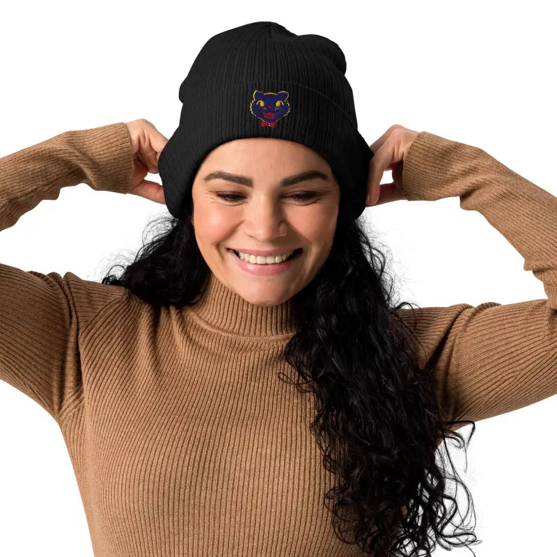 Vintage Black Cat Beanie featuring a knit design, perfect for organic beanie lovers