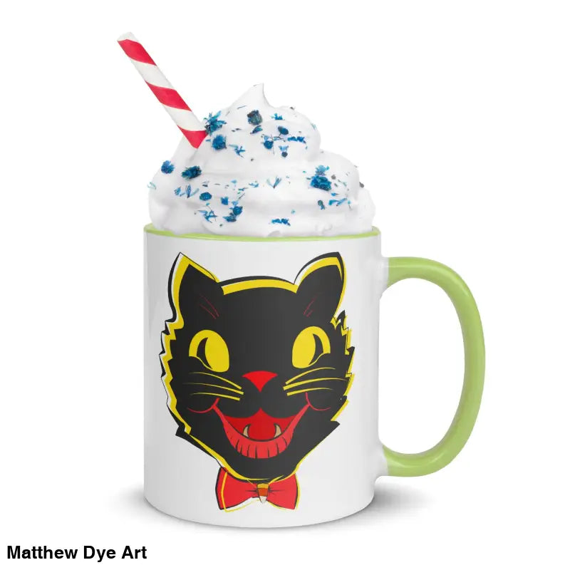 Vintage Black Cat Color-Inside Mug featuring whipped cream and straw, a whimsical vintage cat design