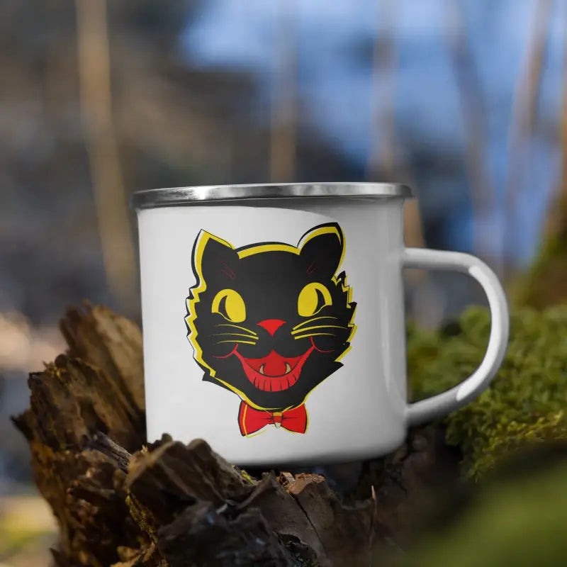 White enamel mug with vintage black cat design, yellow eyes, and red bowtie for joyous wanderers
