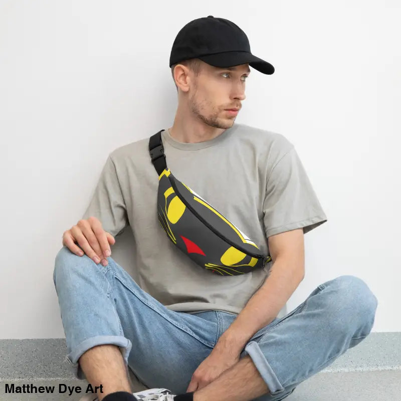 Man showcasing a Vintage Black Cat Fanny Pack from the Halloween collection