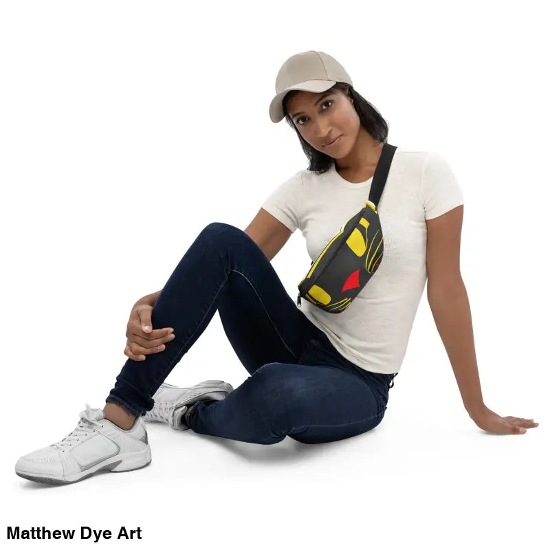 Woman showcasing the Vintage Black Cat Fanny Pack from the Halloween collection