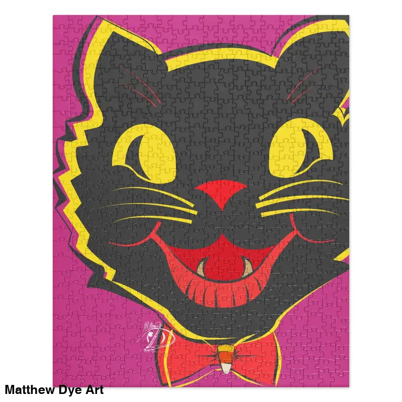 Charming black cat design with yellow eyes in Vintage Cat Jigsaw against pink background