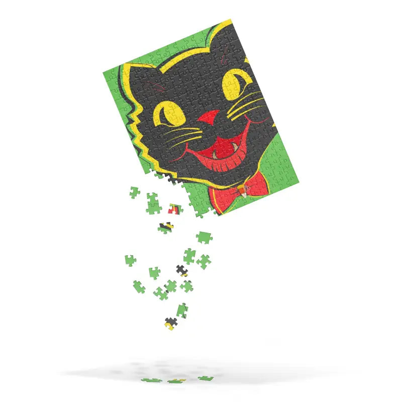 Whimsical Vintage Cat puzzle depicting a black cat with missing pieces for Halloween fun