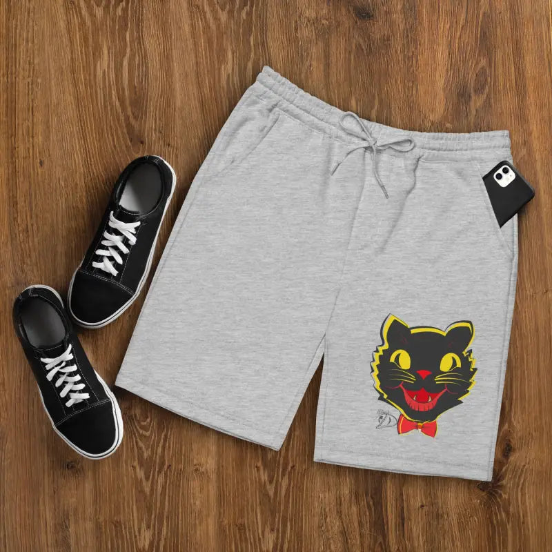 Gray cat-themed sweatshorts featuring vintage black cat design for stylish streetwear