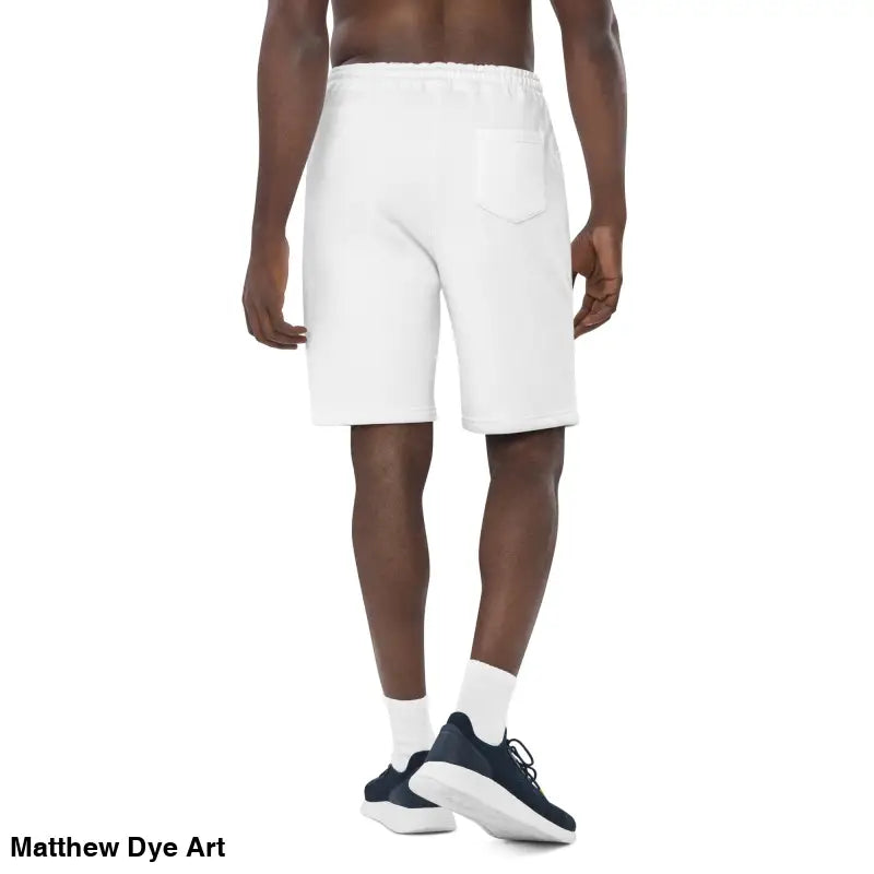 White athletic shorts displayed for Vintage Black Cat Men’s Fleece Shorts collection