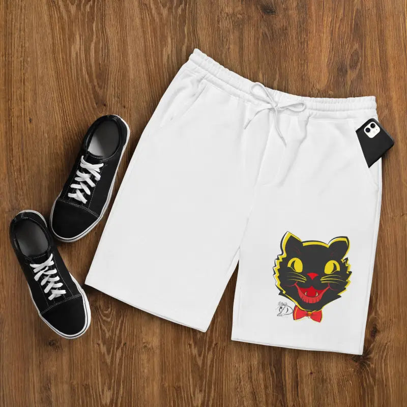 White shorts featuring a black cat graphic from the Vintage Black Cat Men’s Fleece collection