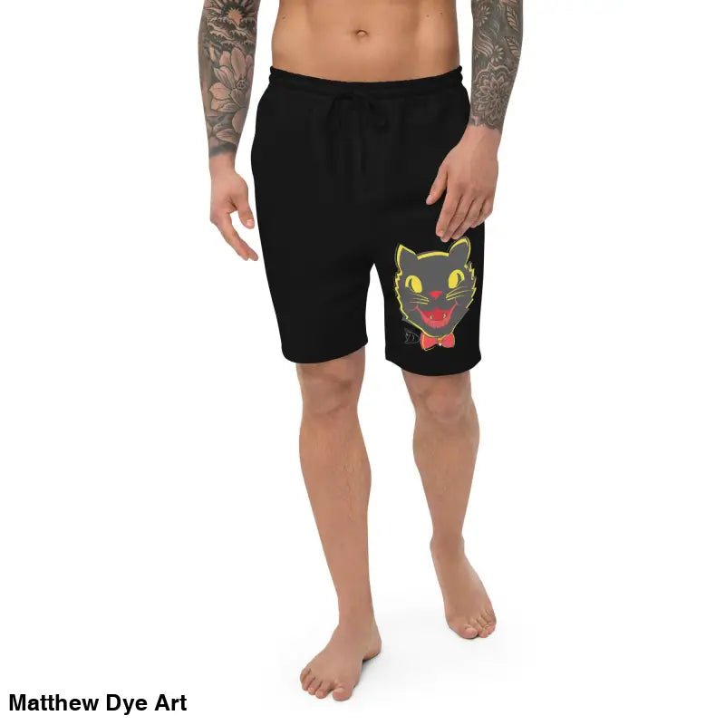 Vintage Black Cat Men’s Fleece Shorts featuring a playful cat graphic on black fabric