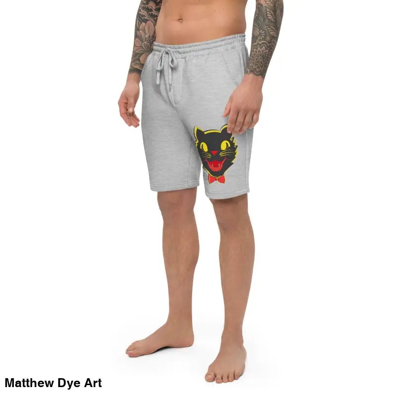 Gray men’s fleece shorts featuring a vintage black cat graphic for retro Halloween streetwear