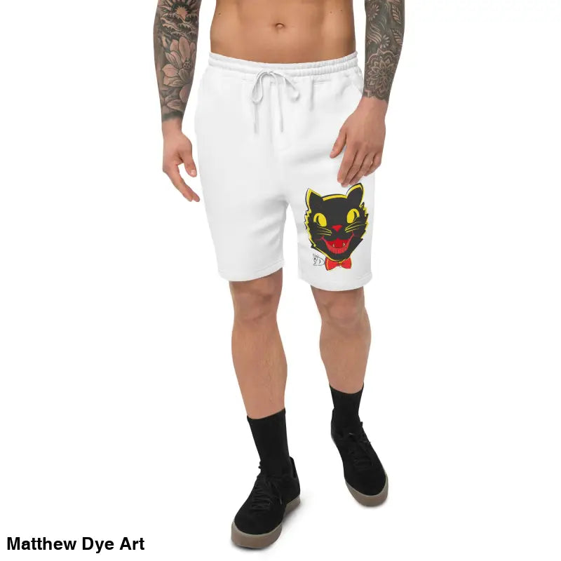 Vintage Black Cat Men’s Fleece Shorts featuring a black cat graphic on white fabric