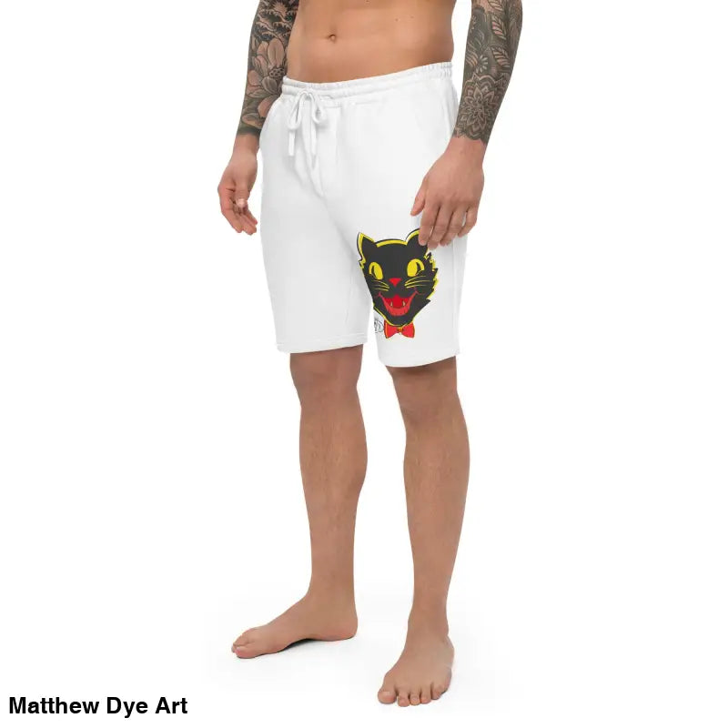 Vintage Black Cat Men’s Fleece Shorts featuring a black cat graphic on white fabric