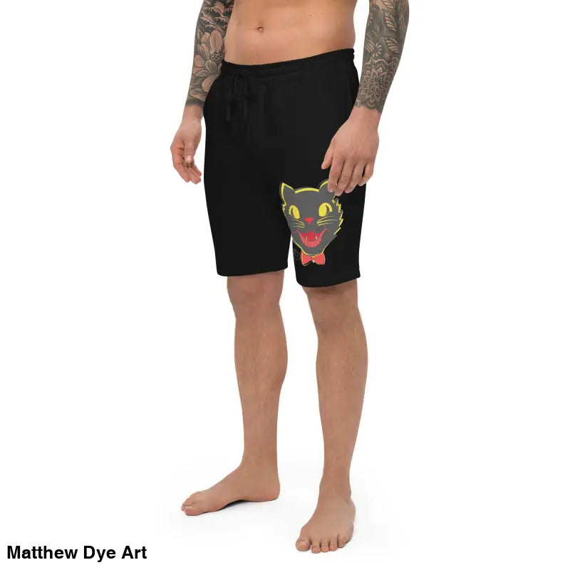 Vintage Black Cat Men’s Fleece Shorts featuring a playful cat graphic on black fabric