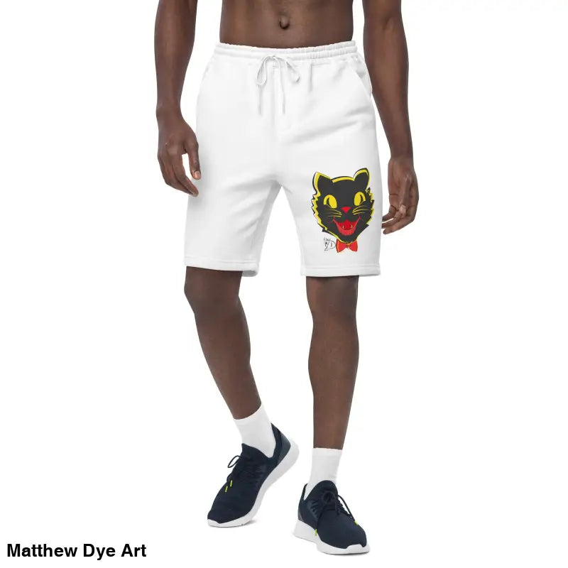 Vintage Black Cat Men’s Fleece Shorts featuring a black cat graphic on white fabric