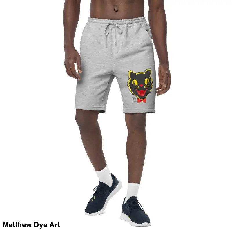 Gray fleece shorts featuring a vintage black cat graphic for men’s fleece shorts