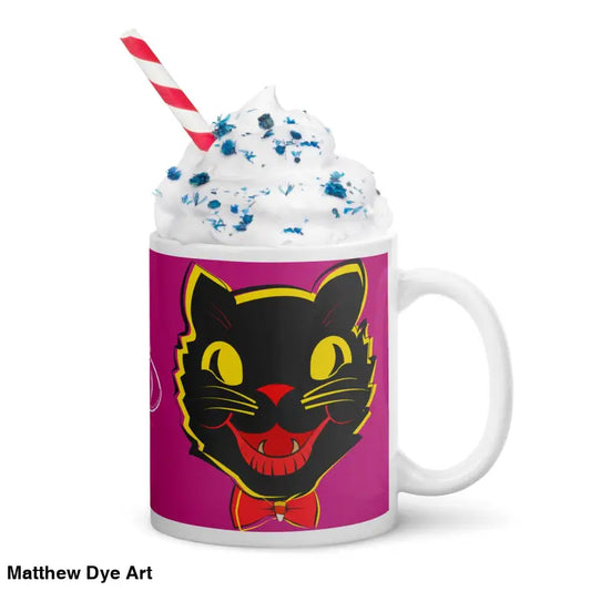 Vintage Black Cat Mug featuring a Halloween design with whipped topping on ceramic