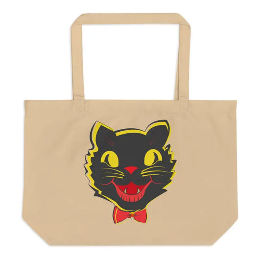 Beige tote bag featuring vintage black cat graphic, perfect for eco-friendly enthusiasts