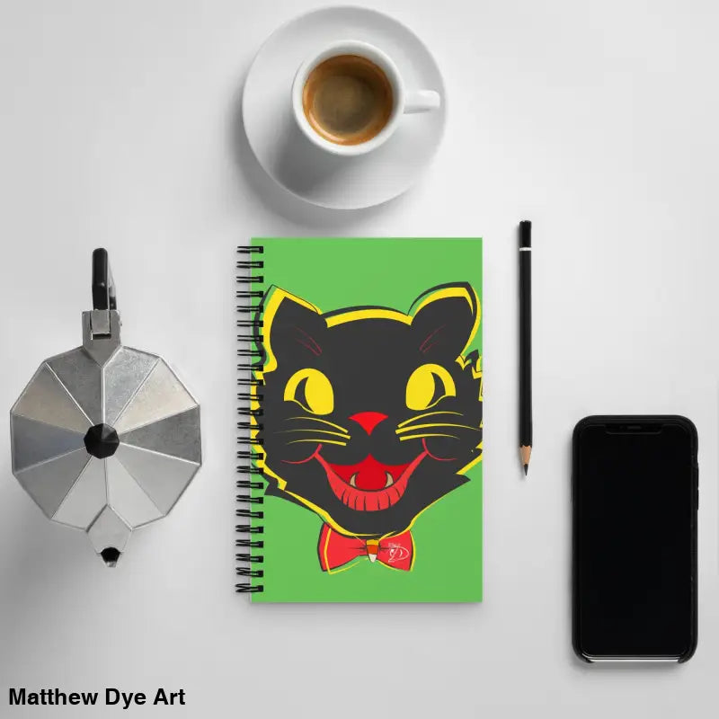 Vintage Black Cat Spiral Notebook featuring a black cat graphic on a haunting green background