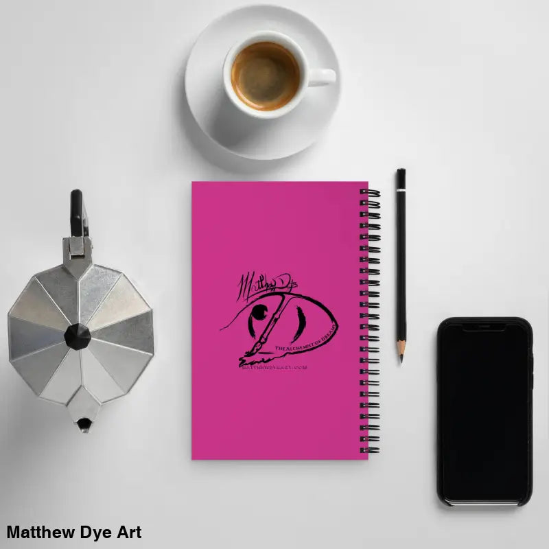 Magenta spiral notebook featuring a Vintage Cat design against a delightful flamingo background